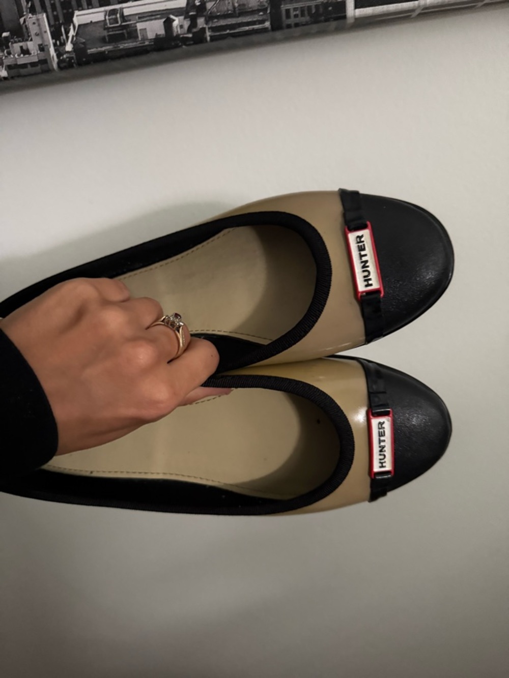 Hunter Beige and Black Logo Ballet Flats